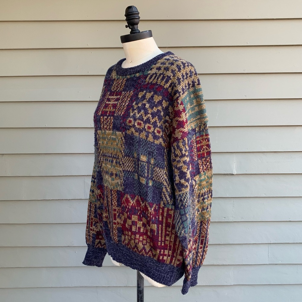 Vintage 80s Colorful Multicolor Geometric Loud Cosby Grandpa Plaid Sweater XL - Picture 10 of 17